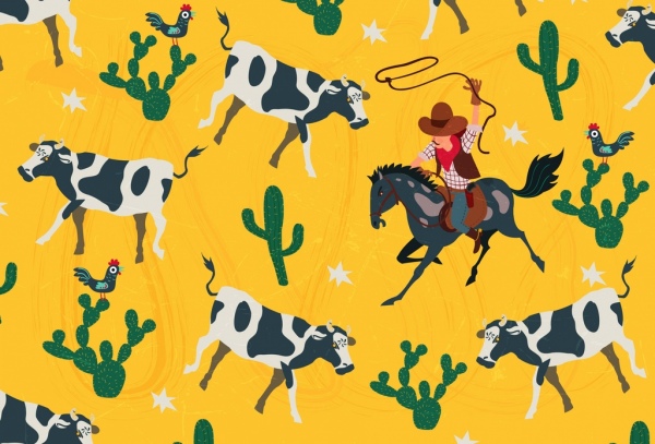 600x407 Cowboy Background Cows Cactus Icons Repeating Design Free Vector