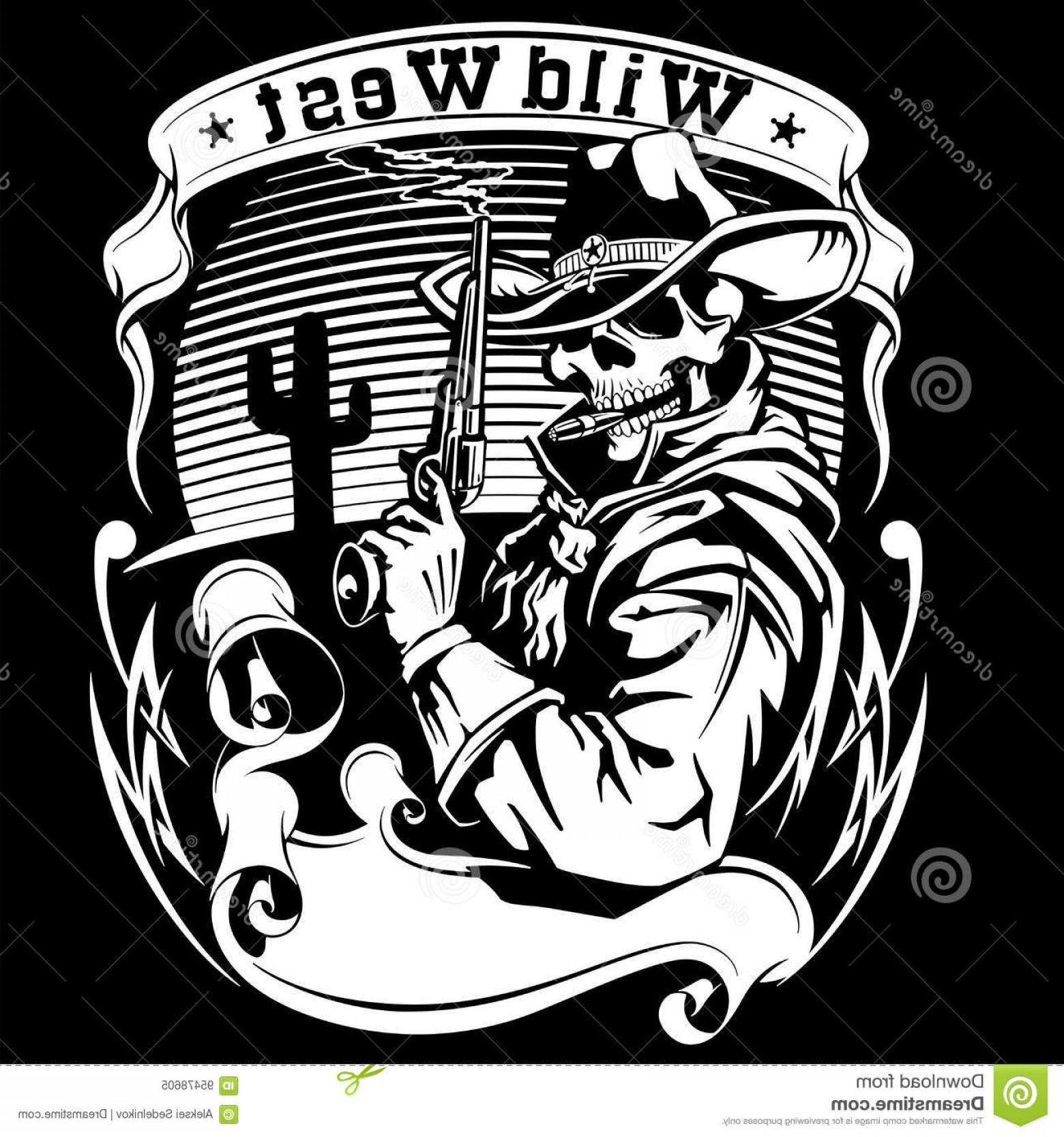 1560x1668 Stock Illustration Cowboy Revolver Vector Illustration Skeleton