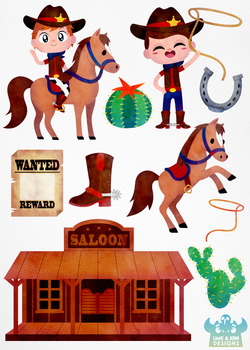 250x350 Wild West Cowboys Watercolor Clipart, Instant Download Vector Art