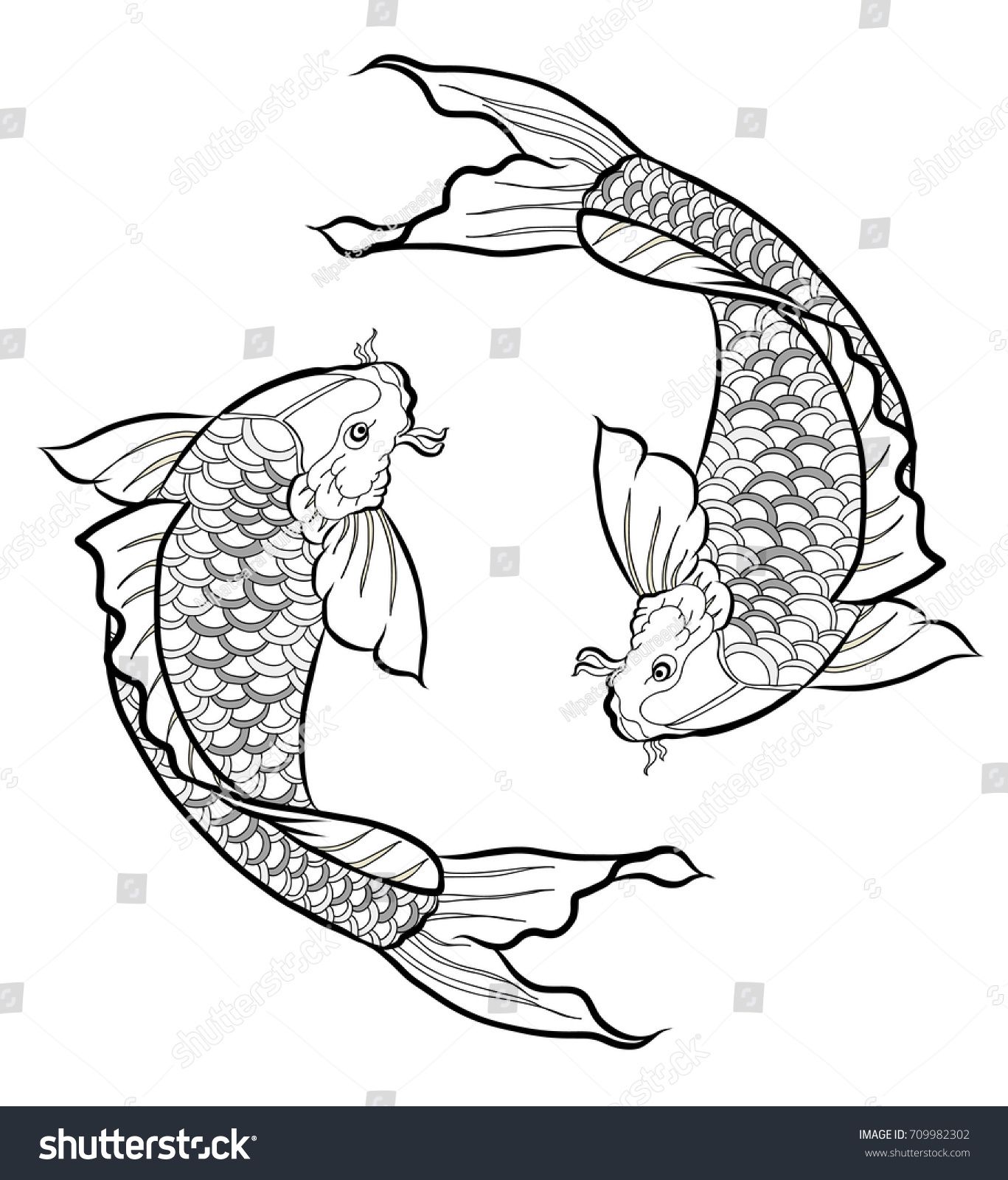 1367x1600 Hand Drawn Outline Koi Fish Japanese Stock Vector