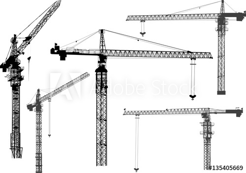 500x353 Five Black Building Cranes Silhouettes On White
