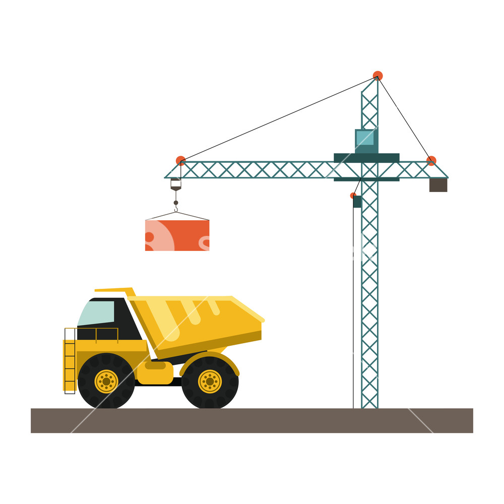 1000x1000 Construction Cargo Truck And Crane Vector Illustration Graphic