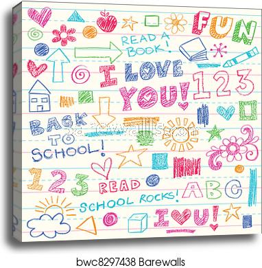 382x390 Kids Crayons Doodles Vector Set, Canvas Print Barewalls Posters