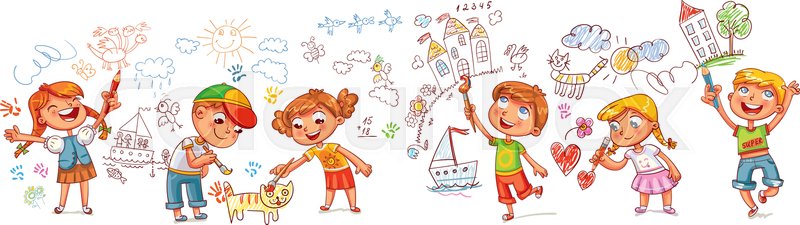 800x225 Kindergarten Boys And Girls Drawing Stock Vector Colourbox