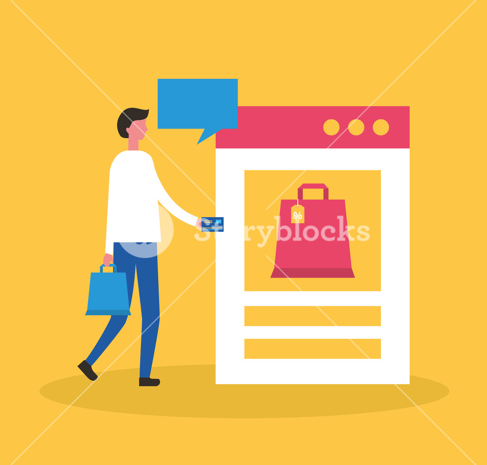 1000x955 Online Buying Offer Sopping Bag Man Holding Credit Card Vector