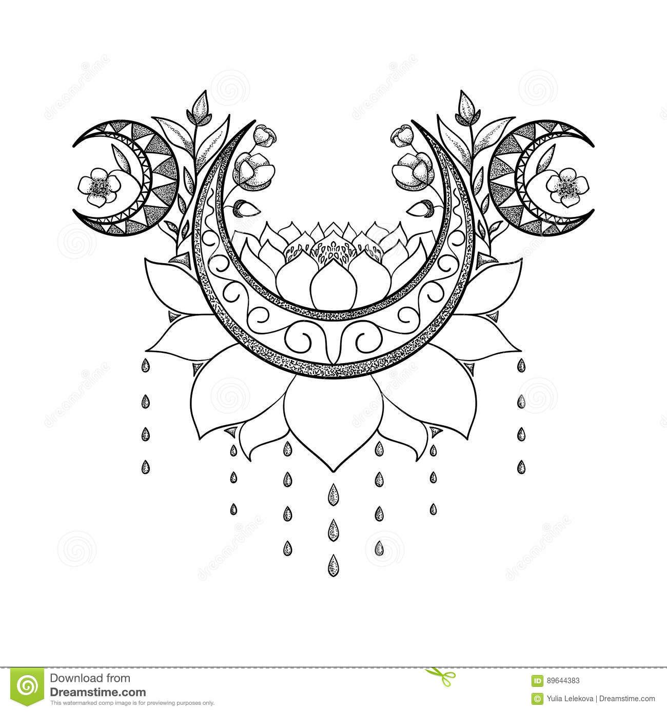 1300x1390 Vector Hand Drawn Tattoo Design Crescent Moon, Lotus And Flowers