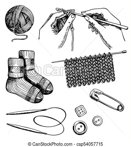 421x470 Knitting And Crochet Set Vector Ink Hand Drawn Illustration