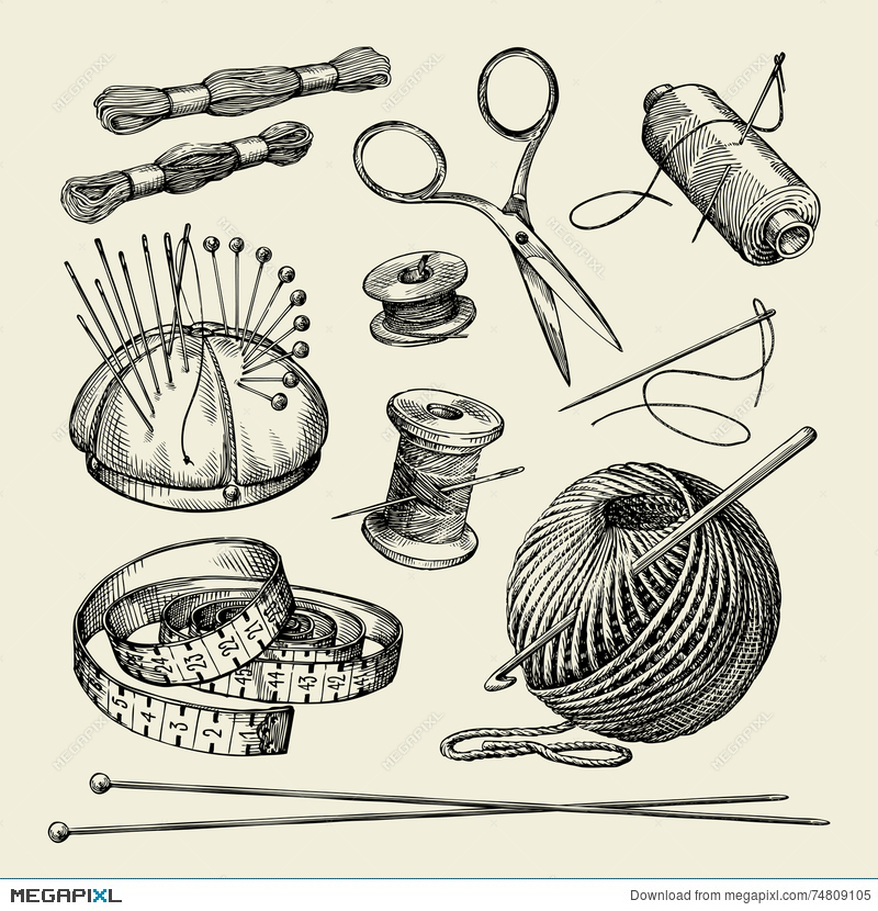 800x830 Sewing Notions Hand Drawn Thread, Needle, Scissors, Yarn