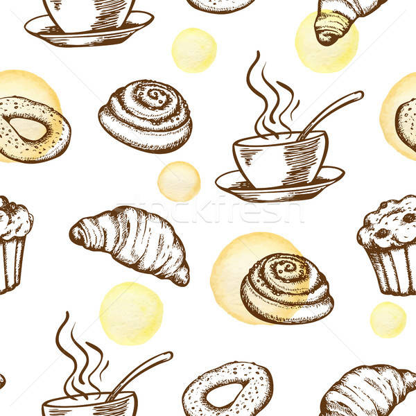 600x600 Pattern With Coffee Cup And Croissant Vector Illustration