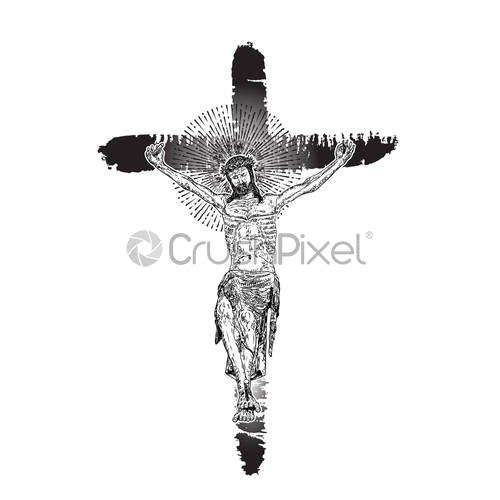 500x500 Jesus On The Cross Hand Painted With Real Ink Brush, Stock Vector