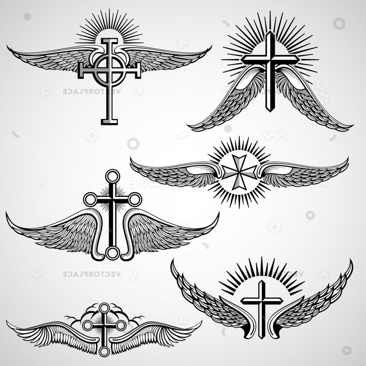 Vintage Cross Wings Tattoo Elements Wing Vector Illustration 1200x1200 Vintage Cross Wings Tattoo Elements Wing Vector Illustration