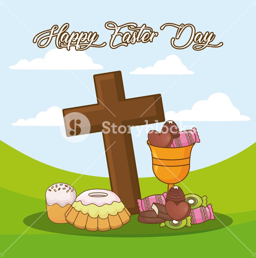 990x1000 Happy Easter Day Design With Cross And Candies Over Landscape