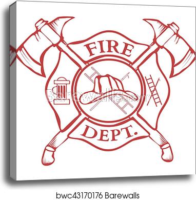 Fire Dept Label Helmet With Crossed Axes Vector, Canvas Print 382x390 Fire Dept Label Helmet With Crossed Axes Vector, Canvas Print