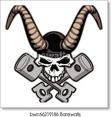 362x382 Skull With Horns And Crossed Pistons Vector Illustration, Art