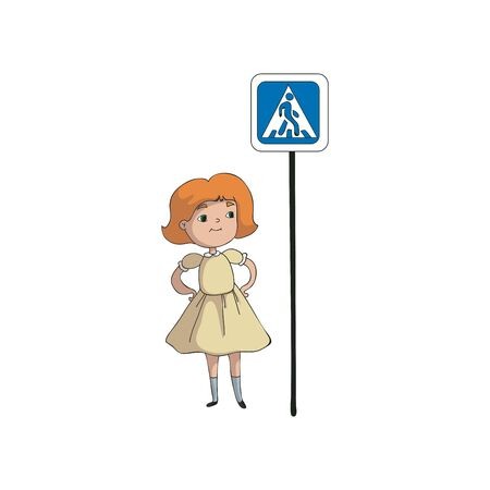 450x450 Girl Is Standing Near A Road Sign Crosswalk Vector Illustration