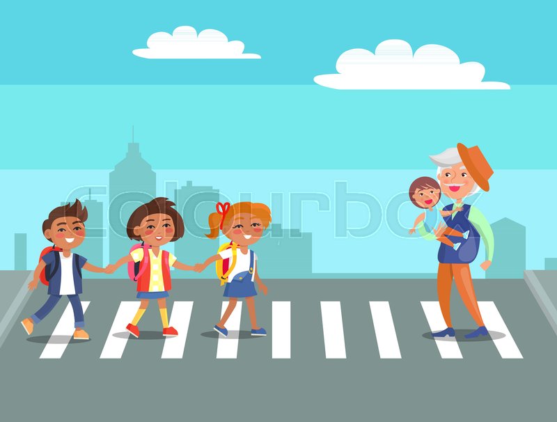 800x606 School Children And Grandfather With Stock Vector Colourbox