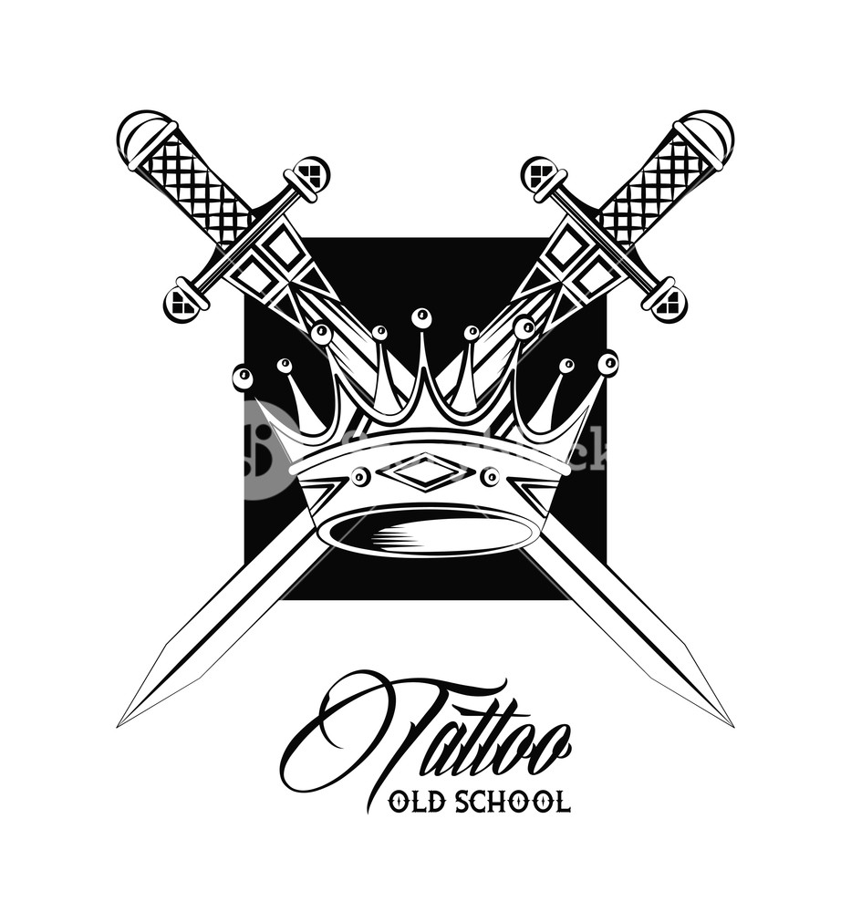 933x1000 Old School Tattoo Sword And Crown Drawing Design Vector