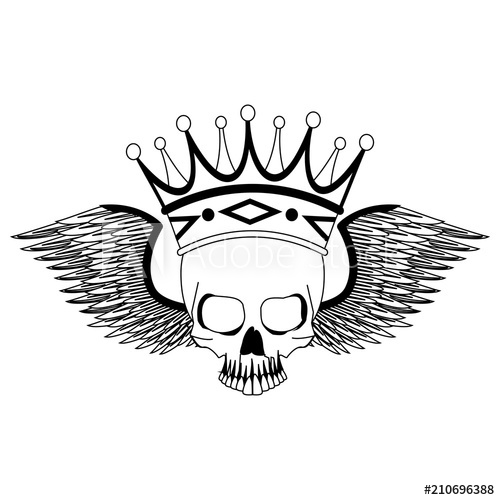 500x500 Tattoo Skull With Crown And Wings Drawing Vector Illustration