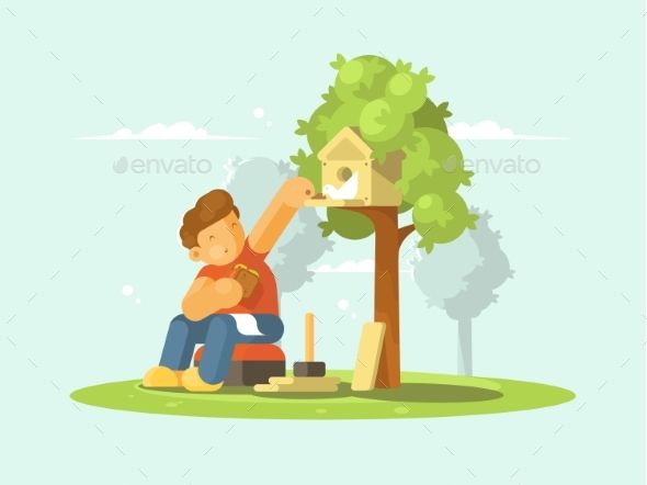 590x442 Young Boy Feeding Bread Crumbs Bird In Birdhouse Vector
