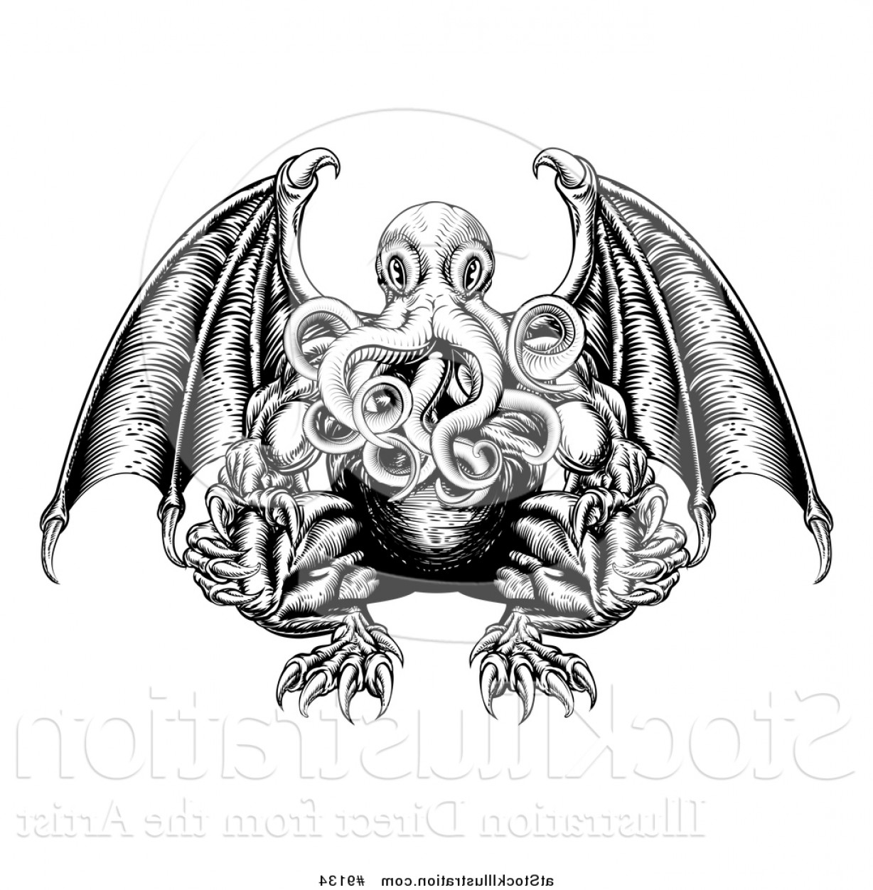 Vector Illustration Of A Black And White Woodblock Winged Octopus 1228x1252 Vector Illustration Of A Black And White Woodblock Winged Octopus