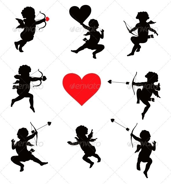 590x636 Cupid With Bow And Arrow Vector Silhouettes Set Valentines Day