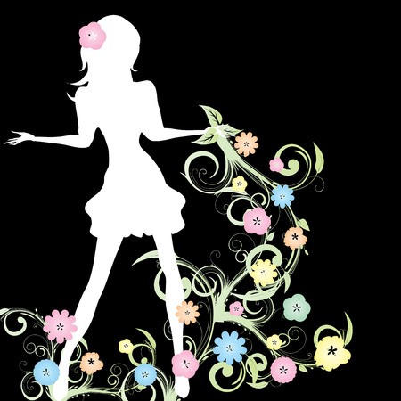 450x450 Spring Girl With Flowers And Curlicue On Black Background, Vector
