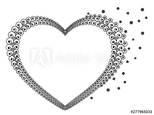 Vector Illustration Of Outline Heart Frame With Flowers, Curly 500x375 Vector Illustration Of Outline Heart Frame With Flowers, Curly