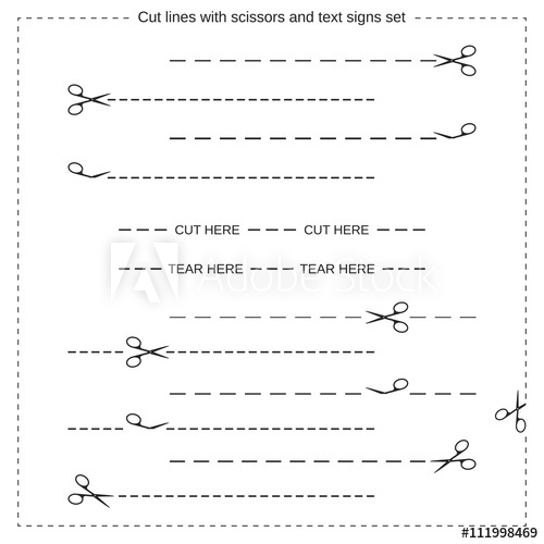 500x500 Vector Illustration Of Cut Lines With Scissors And Text Signs