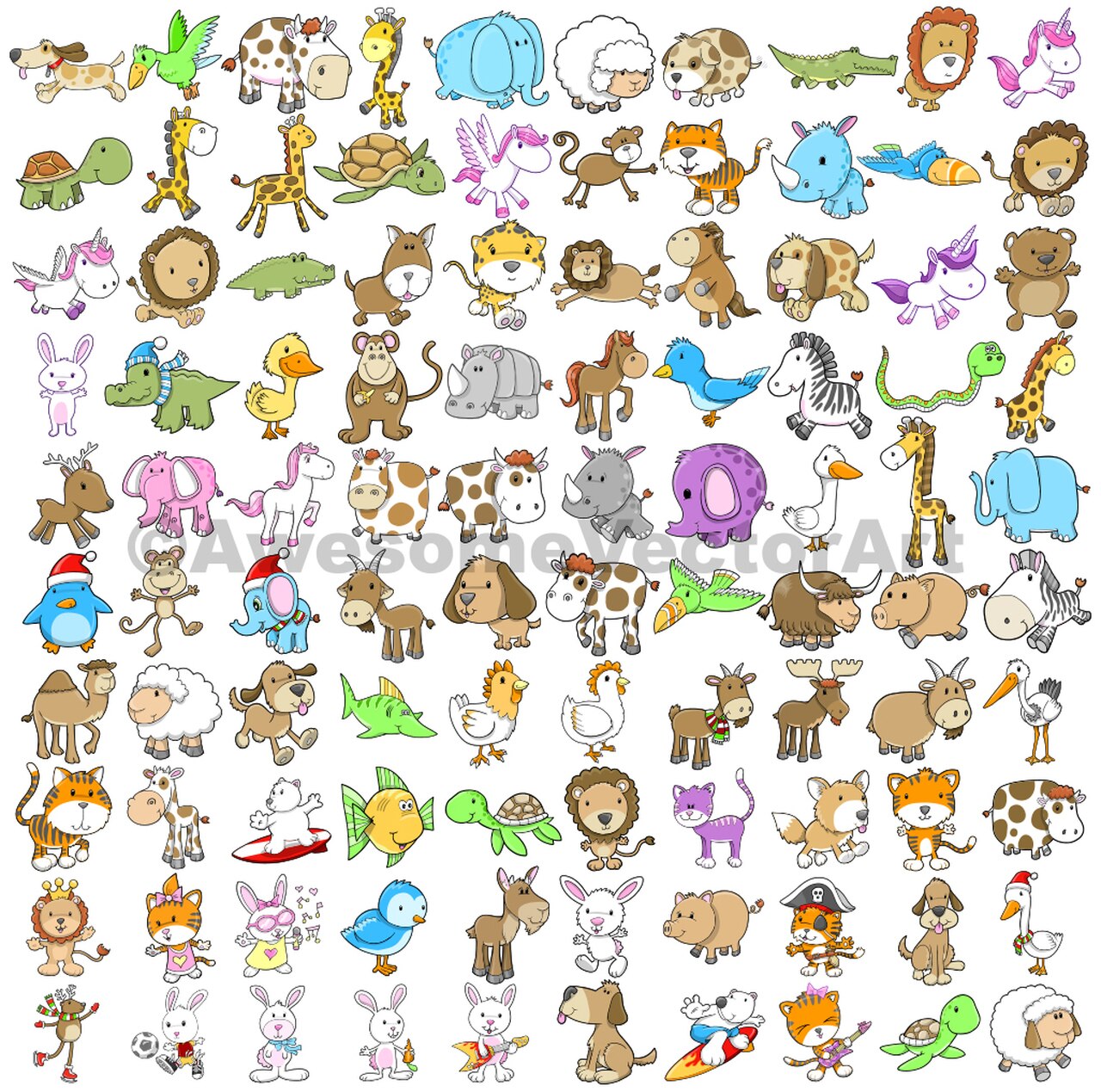 1280x1269 Cute Animals Vector Illustration Set