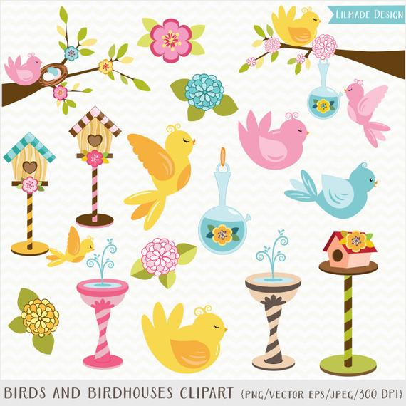 570x570 Cute Bird Clipart Birdhouse Bird Vector Clipart Floral Etsy