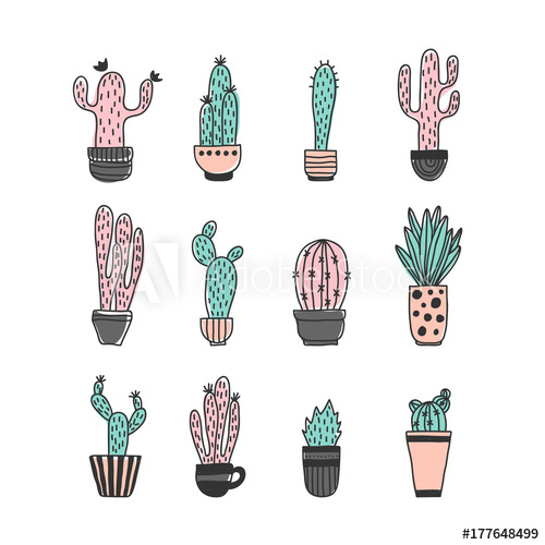 500x500 Cactus In Pot Set Colored Funny Cute Cactus Vector Set, Cute