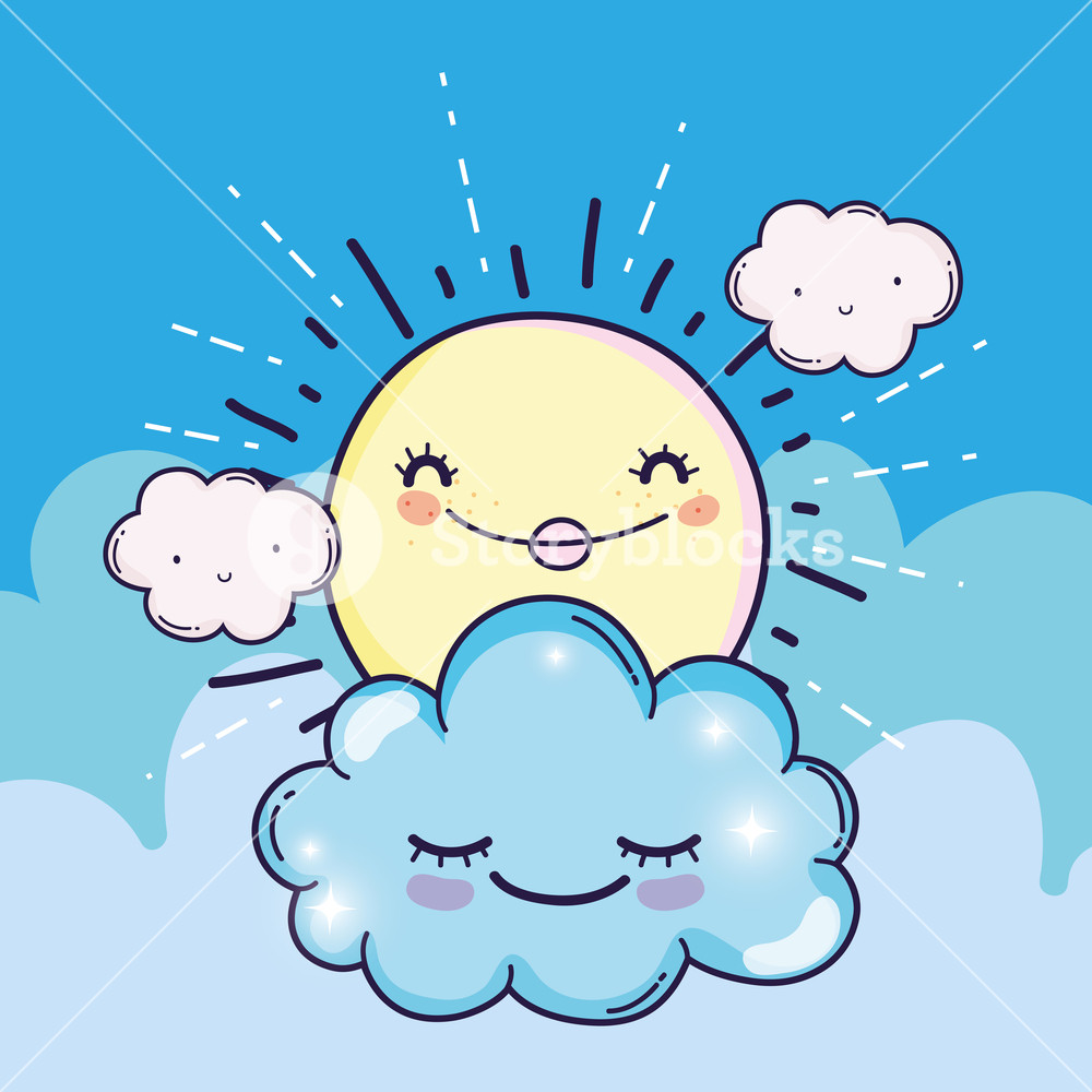 1000x1000 Happy Sun With Cute Fluffy Clouds Vector Illustration Royalty Free