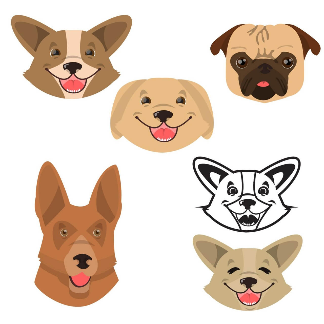 1280x1280 Free Vector Cute Smiling Happy Dogs Vector Set