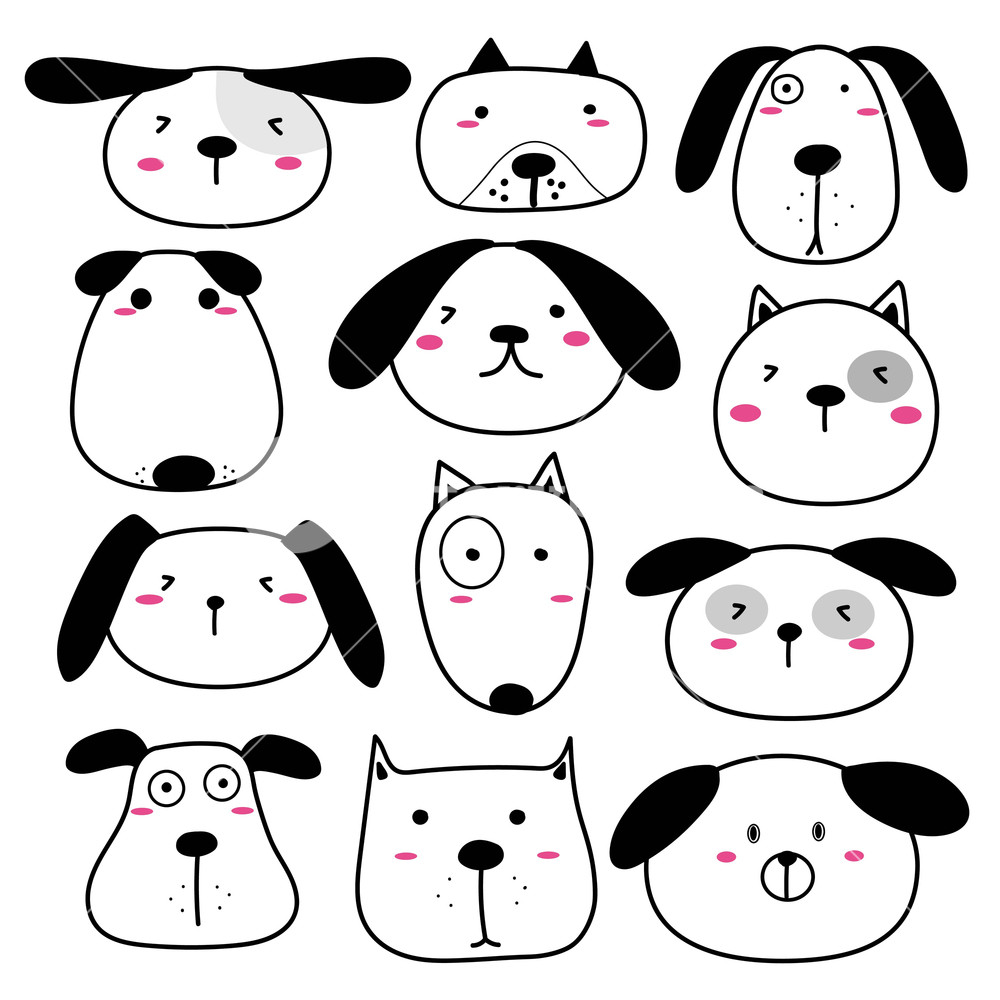 1000x1000 Hand Drawn Cute Dog Face Characters Set Vector Illustration