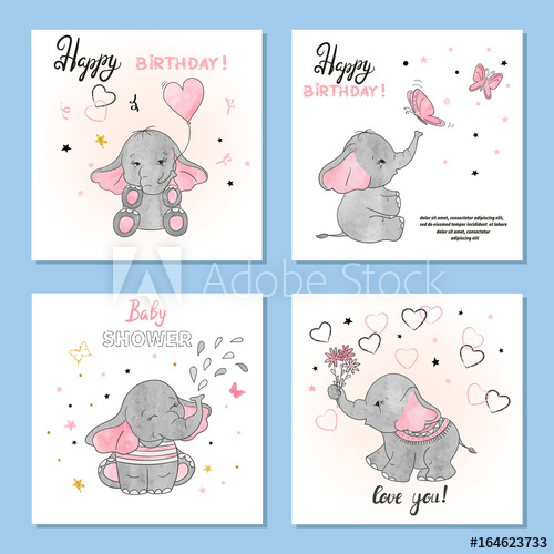 500x500 Cute Elephants Vector Illustrations Set Of Birthday Greeting