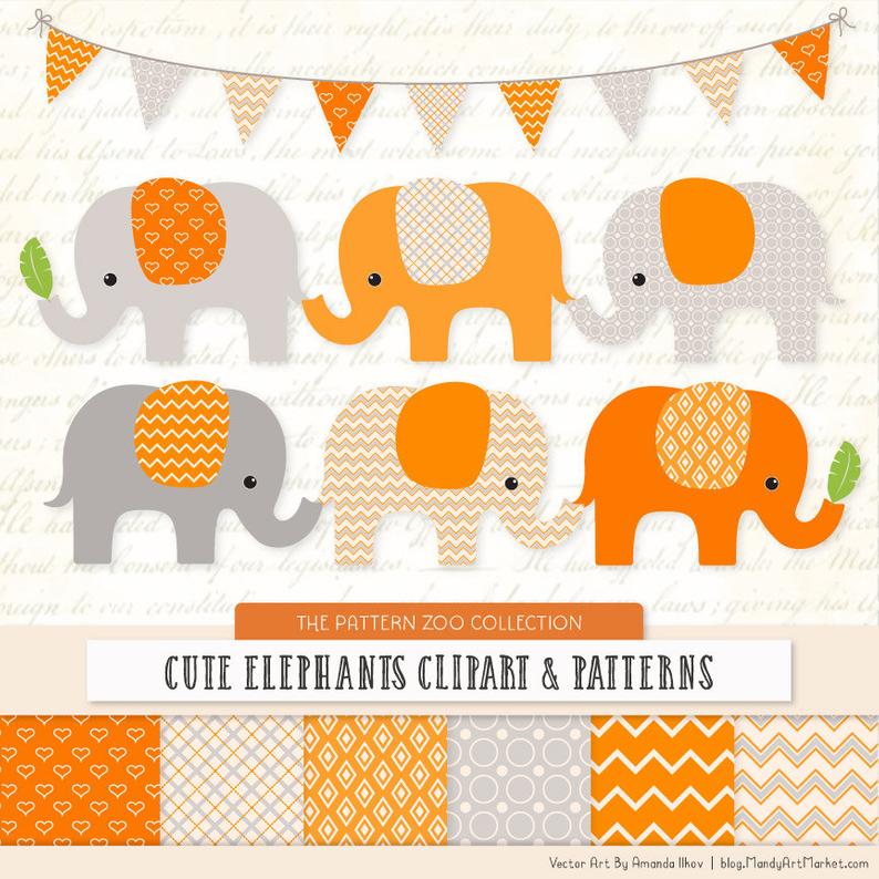794x794 Patterned Tangerine Elephants Clipart And Digital Papers Etsy