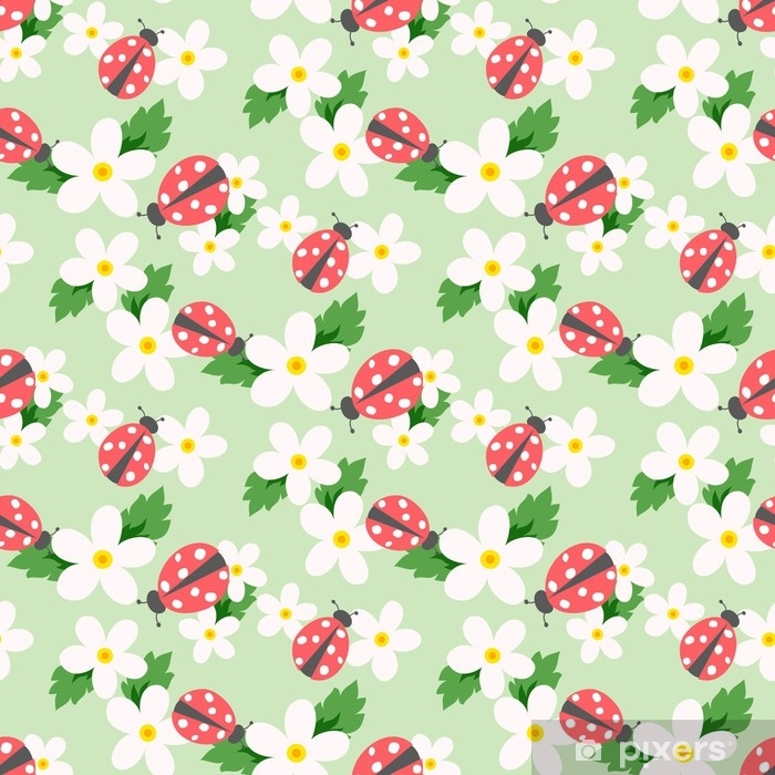700x700 Small Flower Vector With Ladybug Cute White Floral Seamless