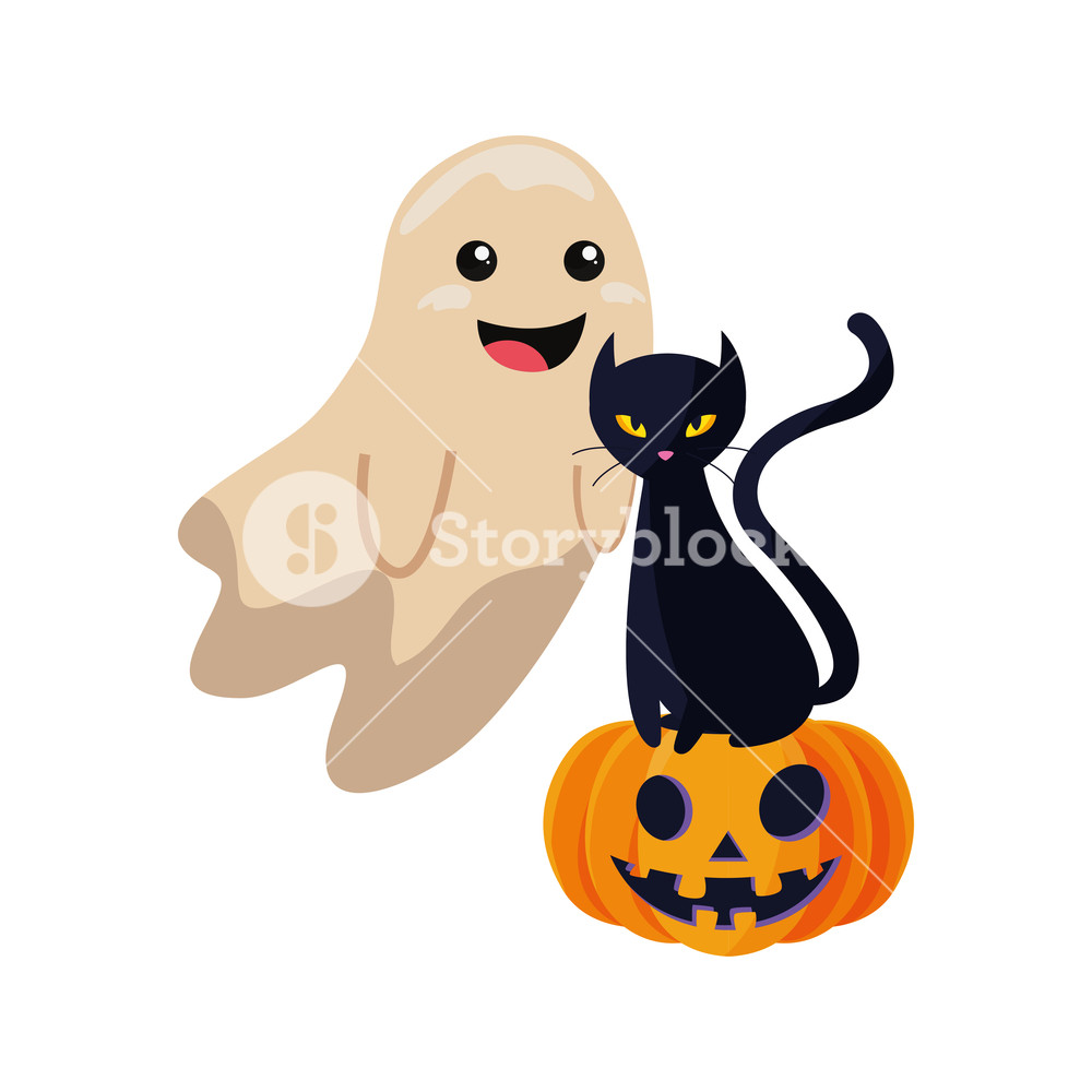 Happy Halloween Black Cat Pumpkin Cute Ghost Vector Illustration 1000x1000 Happy Halloween Black Cat Pumpkin Cute Ghost Vector Illustration