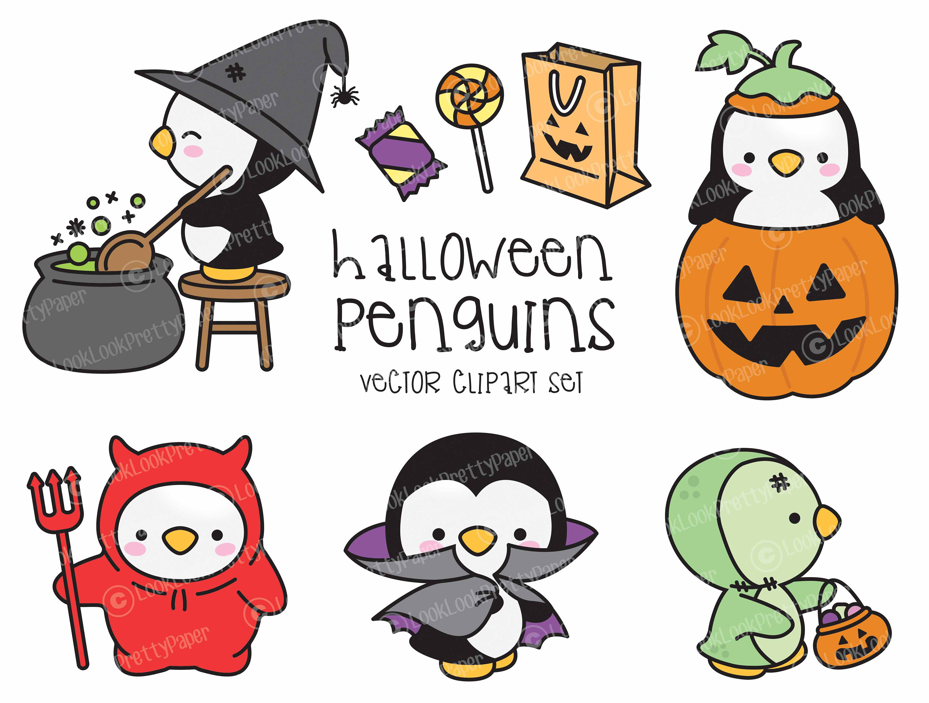 3000x2271 Premium Vector Clipart Kawaii Halloween Penguins Cute Etsy