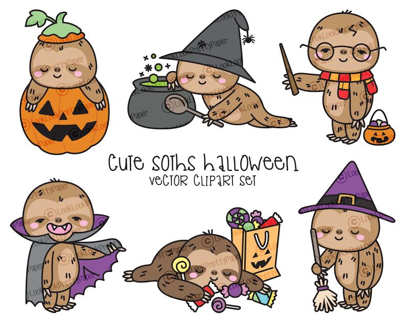 794x630 Premium Vector Clipart Kawaii Halloween Sloths Cute Etsy