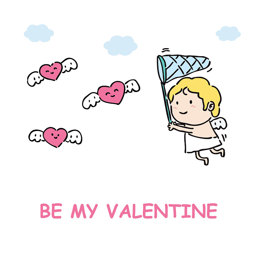 900x900 Cartoon Cute Cupid Chasing Flying Love Hearts, Vector Drawing