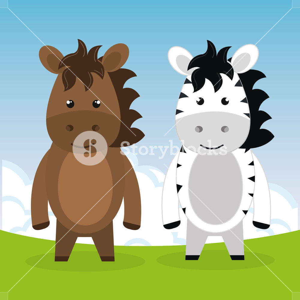 Cute Horse And Zebra In The Field Landscape Characters Vector 1000x1000 Cute Horse And Zebra In The Field Landscape Characters Vector