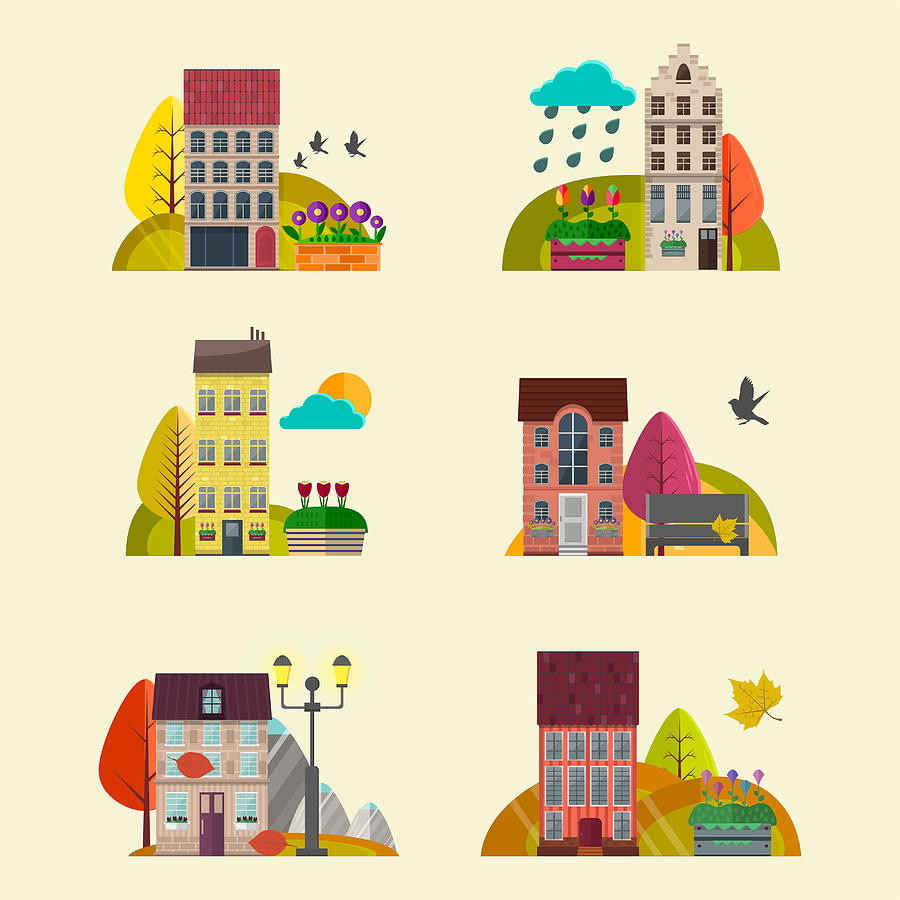 900x900 Cute Autumn Houses Vector Nature Landscape Background
