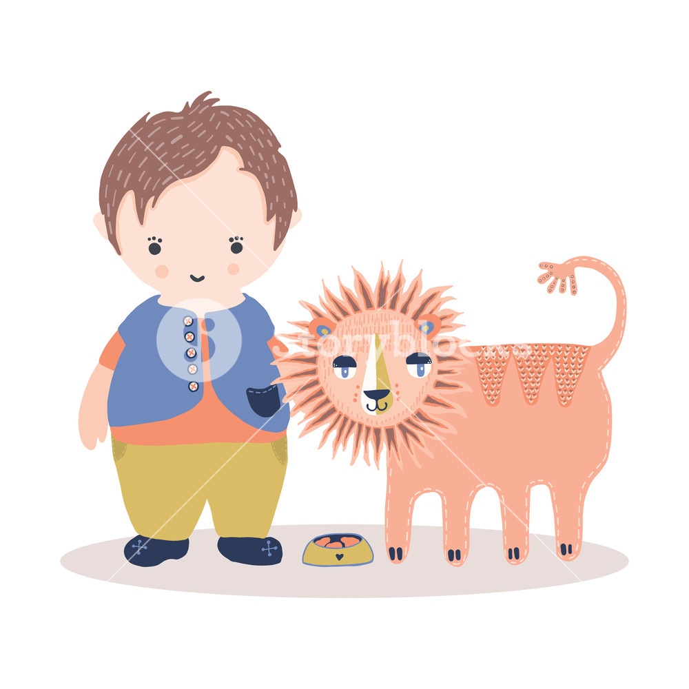1000x1000 Cute Cartoon Lion Vector And Little Boy Illustration Royalty Free
