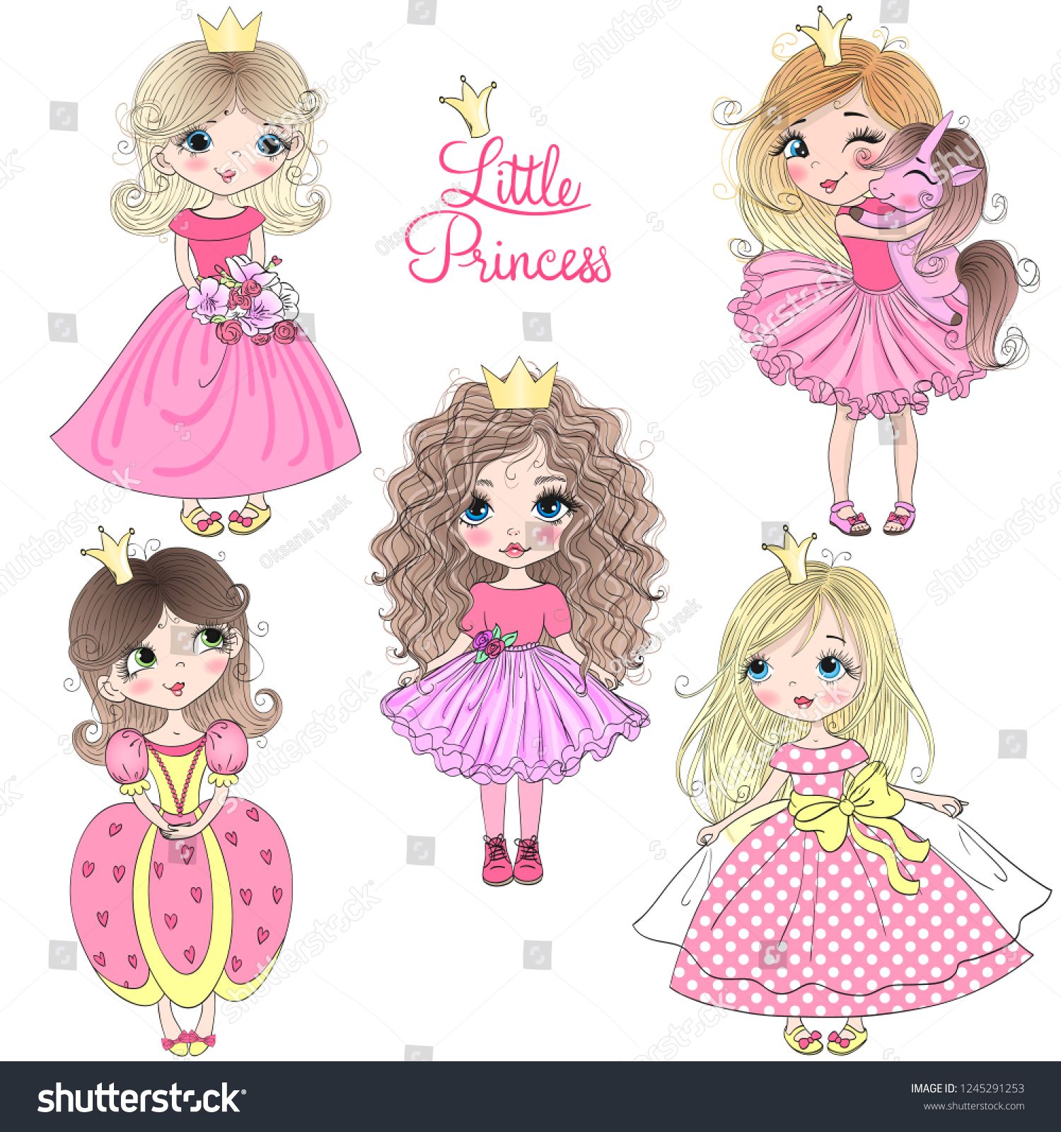 1500x1600 Five Hand Drawn Beautiful Cute Little Princess Girls Vector