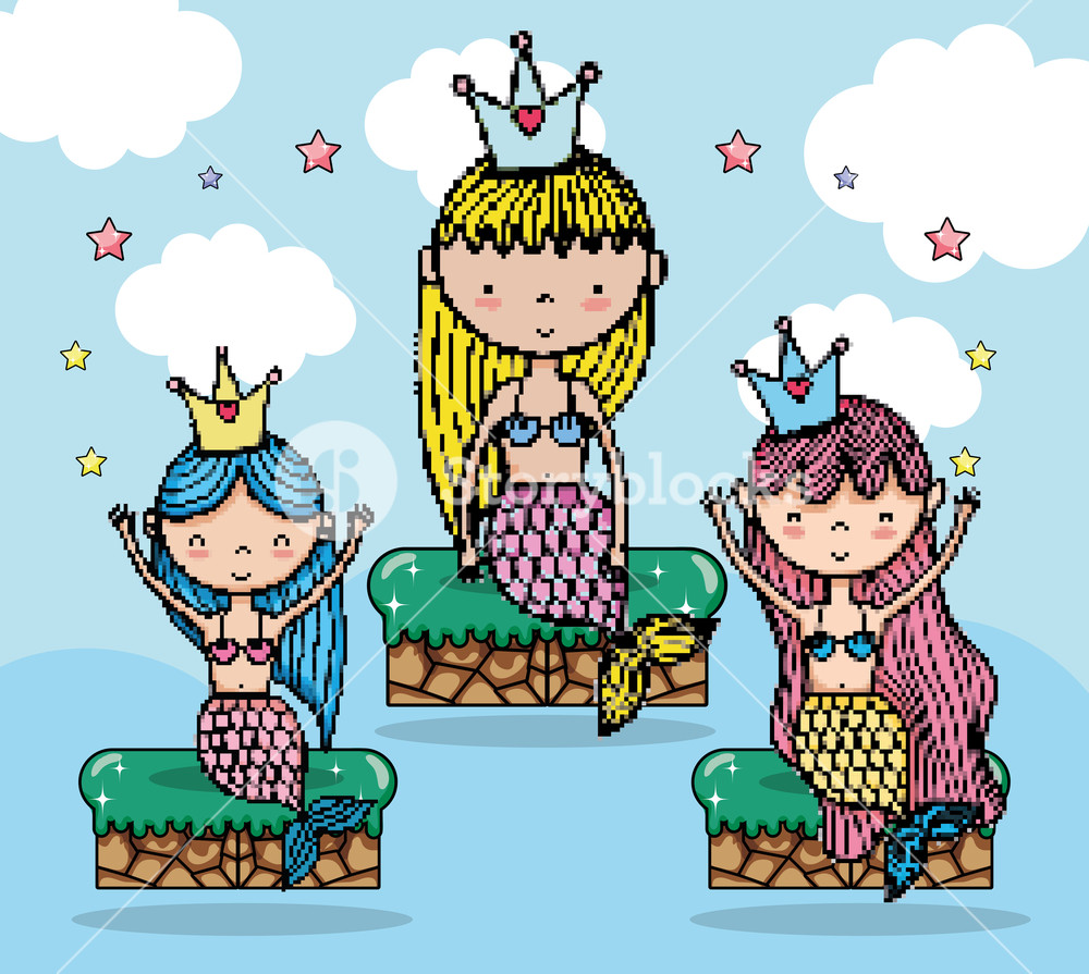 1000x895 Pixel Art Cute Mermaids Cartoons Vector Illustration Graphic