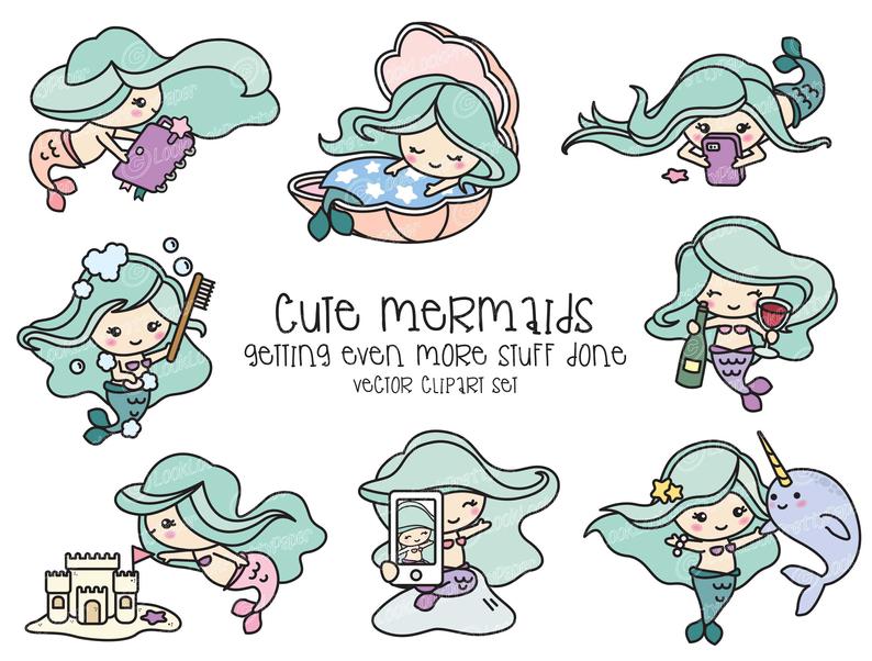 794x602 Premium Vector Clipart Kawaii Mermaid Cute Mermaid Clipart Etsy
