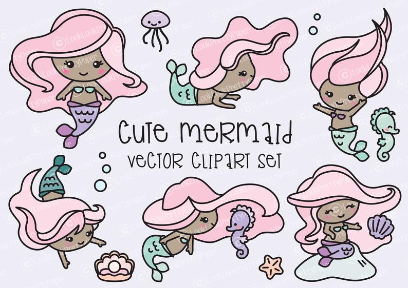 794x562 Premium Vector Clipart Kawaii Mermaids Cute Mermaids Etsy