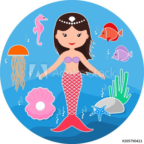 500x500 Cute Mermaid And Marine Life Cartoon Little Mermaid Vector