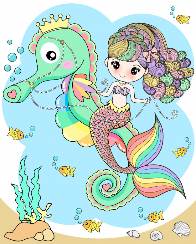 626x782 Cute Mermaid Riding A Seahorse Vector Premium Download